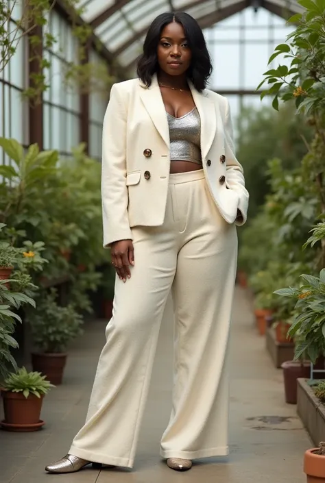 A curvaceous Black woman in a bouclé blazer set—a cropped jacket with oversized buttons and matching wide-leg pants in cream—paired with a metallic silver camisole and square-toe loafers. Her hair is in a sleek bob with a middle part, standing in a rooftop...