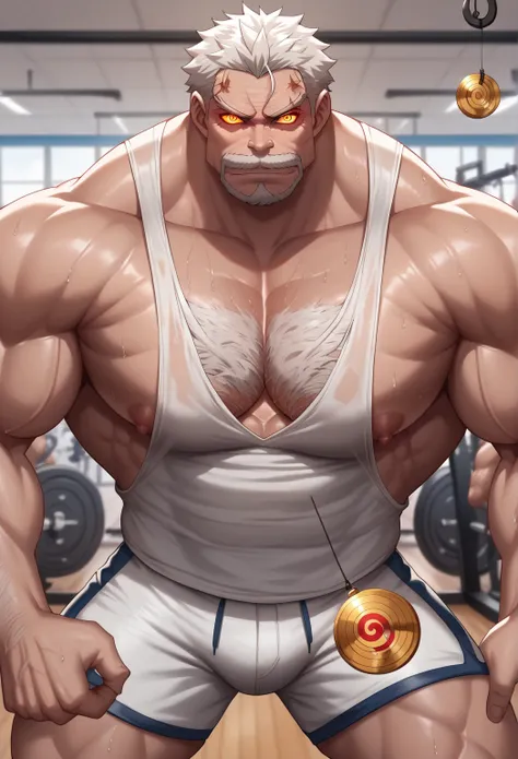 Monkey D. Garp alone in the gym, staring at golden pendulum, stringer tanktop, gym shorts, muscular, muscles, big biceps, broad shoulders, massive pecs, sweaty, hairy chest, glowing golden spiral in the eyes, blank expression, vacant stare, hypnotized, bra...