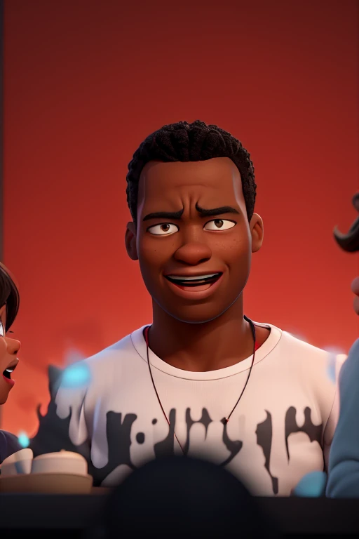 A Black woman with a Black man in an urban area, screaming in the face of a red-eyed boy wearing a white shirt written by Cleywave, Pixar, 3d, Disney
