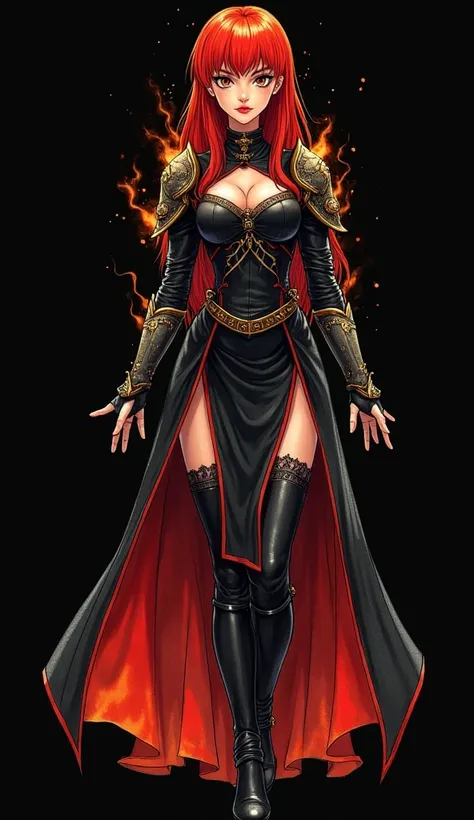 best quality, 4k, extremely detailed, watercolor drawing:1.5, masterpiece, (5 fingers hands), (((fire sorceress girl))), innocence emotion face, red hair, random haircut, bodycon black dress with fire red trim, (armor breastplate), black stockings, high he...