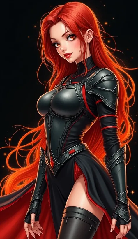 best quality, 4k, extremely detailed, watercolor drawing:1.5, masterpiece, (5 fingers hands), (((fire sorceress girl))), innocence emotion face, red hair, random haircut, bodycon black dress with fire red trim, (armor breastplate), black stockings, high he...