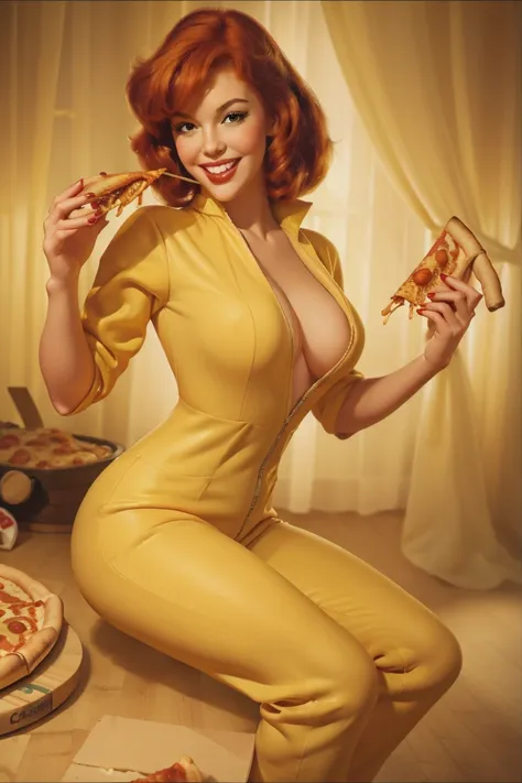 redhead smile sexy April O'Neil eats pizza. She In a yellow jumpsuit. Eating a pizza, biting pizza. Pin-up. On background