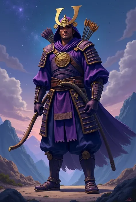  Description :  A strong samurai man of impeccable beauty, traveler, with heavy purple armor to facilitate your movements. Your helmet is gold and purple.  He carries a bow and arrows ,  plus a katana around his waist .  His smile is adventurous ,  and he ...