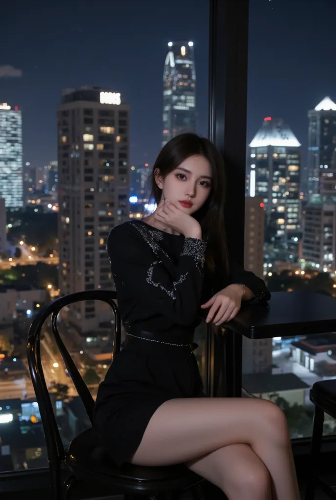  1girl , High Resolution, sitting at the table  ,Stylish wheel , long dark hair  ,night view  , is above the apartment ,rear view of skyscraper hotel, Woman staring at camera, pretty face