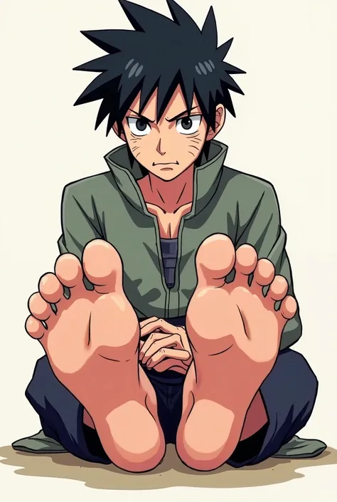 Create Sasuke with the same pose as in the picture, feet focus feet crossed, cartoonish style, comically high arches and huge bunions