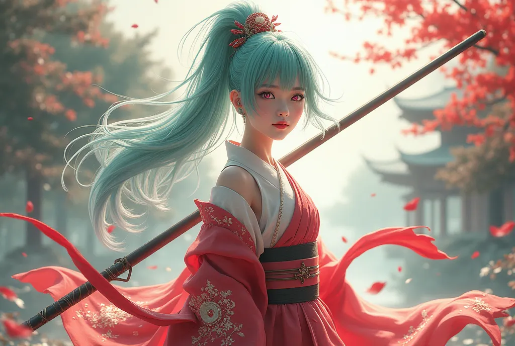 Female character, mint-colored hair, long ponytail, pink eyes, red and white kimono, cool Japanese-style hair ornament, wearing a naginata