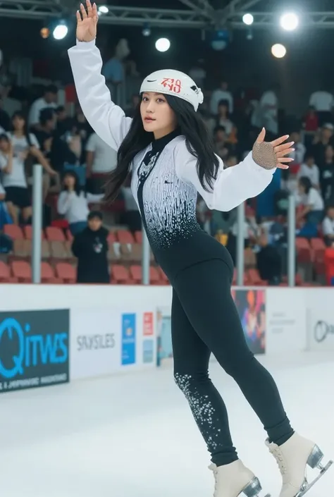 "A powerful and dynamic scene of a female speed skater gliding swiftly across the ice rink. The athlete is in a low, aerodynamic position, with one leg extended forward and the other pushing off the ice. The skater's body is streamlined, emphasizing her sp...