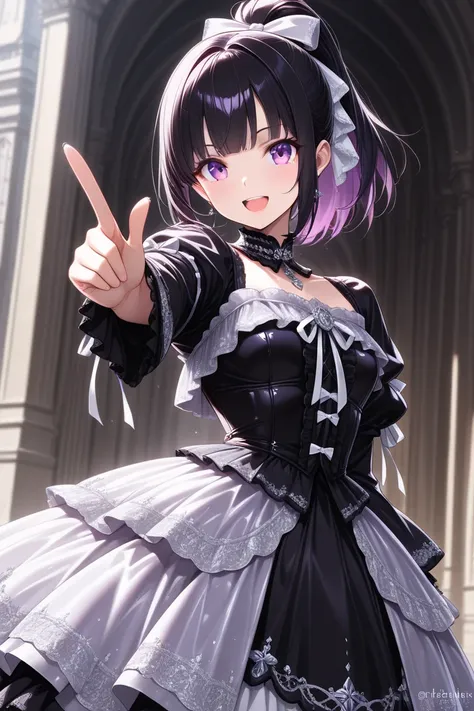 (masterpiece),(absurdres),(ultra detailed),(beautiful detailed),upperbody shot,one finger up,solo lady,happy,(23-year-old),shiny black hair,shiny purple eyes,(short highponytail),bangs:1.1,(1white ribbon:1.1),(middle breast:0.7),(silver detailed Gothic dre...