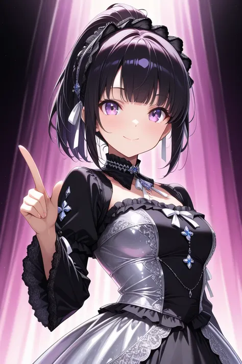 (masterpiece),(absurdres),(ultra detailed),(beautiful detailed),upperbody shot,one finger up,solo lady,happy,(23-year-old),shiny black hair,shiny purple eyes,(short highponytail),bangs:1.1,(1white ribbon:1.1),(middle breast:0.7),(silver detailed Gothic dre...