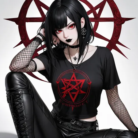 female, 19 years old, slender, long black hair, black mascara , black lipstick; goth, sarcastic; black t-shirt, fishnet sleeves, necklace with Sigil of Baphomet , leather pants, black boots; occultism, Solo, 1girl, High Resolution, Ultra Realistic, Crimson...