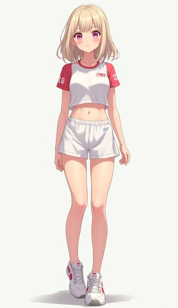 1 girl (appearance: Medium-long pale blond hair,  pink eyes,  pale skin,  athletic body build, 18 years old, 1,78m) (Clothing: tennis uniform) ( Full body plan)  illustration, anime style 4k,  Precise,  super detailed ,  tall details ,  High resolution,  H...