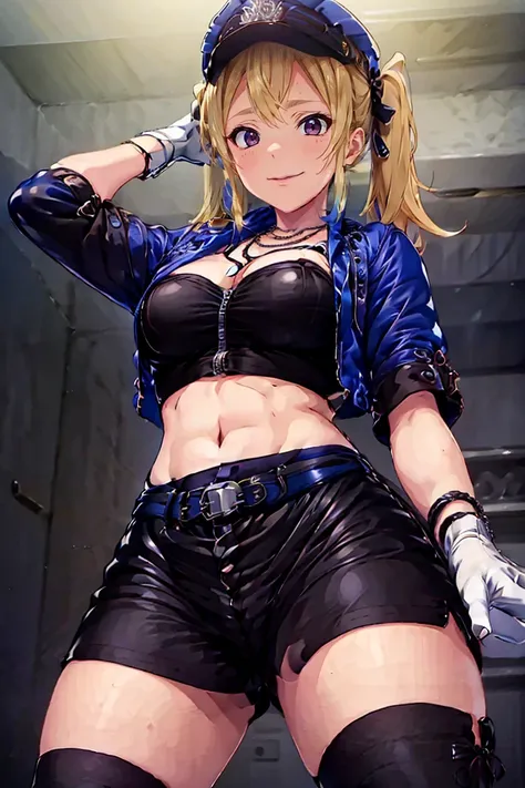 1girl, solo, alone, sexy adult female, hyper detailed face, perfect eyes, adult face, fearless face, rin, dominatrix, pure red eyes, big open eyes, perfect eyes, blonde hair, medium hair, twintails, black bondage, hair bows, peaked military cap, short jack...