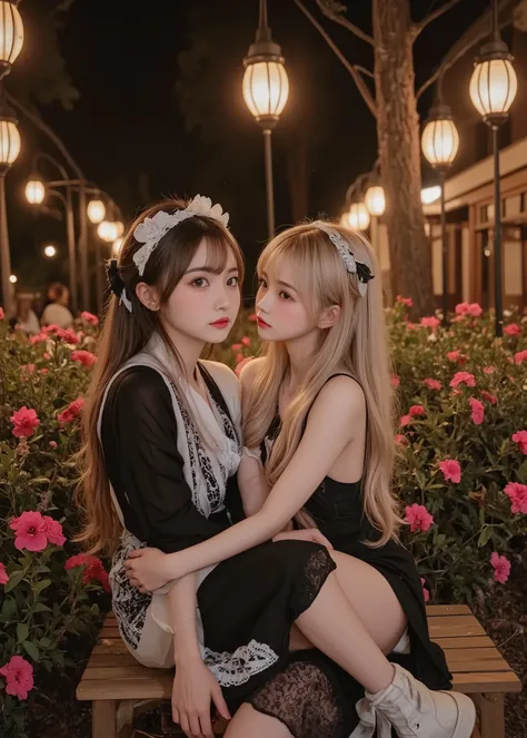 Realistic Scenery、 Night Resort  、Two girls sitting on a bench and staring at each other、 White Beautiful Skin 、flower bed、Street lamp、 fairy tale