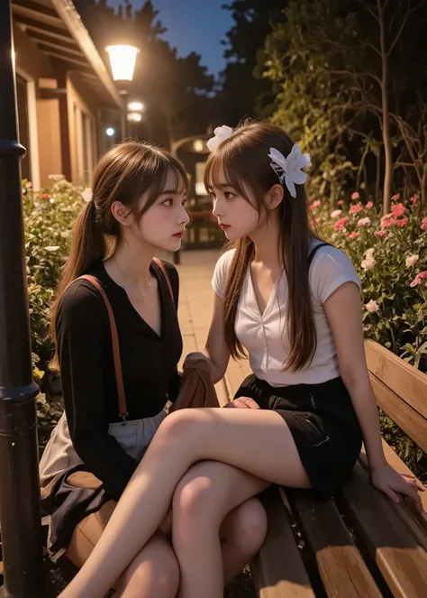 Realistic Scenery、 Night Resort  、Two girls sitting on a bench and staring at each other、 White Beautiful Skin 、flower bed、Street lamp、 fairy tale