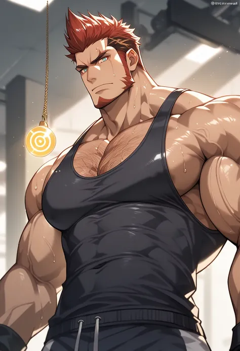 X Drake alone in the gym, staring at golden pendulum, stringer tanktop, gym shorts, muscular, muscles, big biceps, broad shoulders, massive pecs, sweaty, hairy chest, glowing golden spiral in the eyes, blank expression, vacant stare, hypnotized, brainwashe...