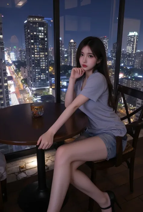  1girl , High Resolution, sitting at the table ,there is a Starbucks dimeja ,Stylish wheel , long dark hair  ,night view  , is above the apartment ,rear view of skyscraper hotel, Woman staring at camera, pretty face