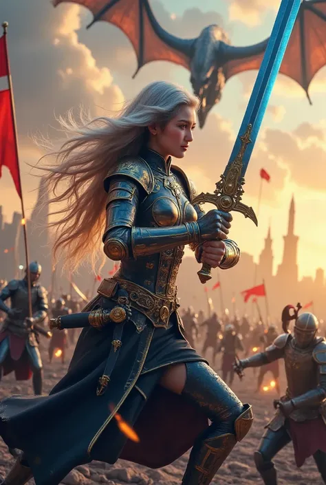 beautiful woman shiny silver haired female swing a huge sword ,the sword are on fire, blue fire sword, in black and gold full armor costume, at battlefield, sunset, close up her face. she fighting an army of soldiers, swinging her sword,armies fighting eac...