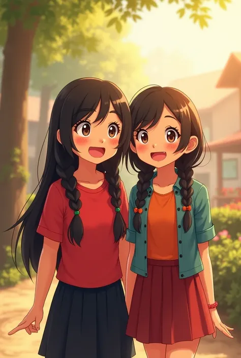 A  girl with two braids ,  wearing a red shirt and a black skirt ,  who looks very happy while spending time with a friend.
