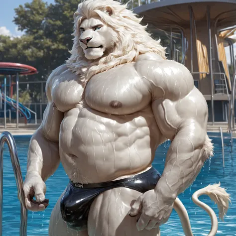 furry male, bara, mature male, solo, bara, bare pectorals, biceps, white furry, furry male, detailed fur, white lion boy, lion mane, lion tail, lion ears, older, looking at viewer, huge bodybuilder, (slightly chubby:1.05), muscular male, shirt covered nipp...