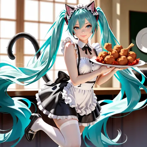  Masterpiece, (highest quality, create a high resolution,4K, 8k),(realistic,  photorealistic: 1.5), Hatsune Miku,  I'm wearing cat style maid clothes,(( I have a big spicy fried chicken with a plate on both hands)),  white stockings under a short skirt wit...