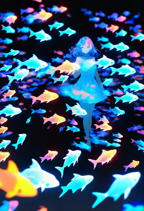 Alone, 1 girl\ glow goldfish are swimming gracefully in the dark, Luminescent goldfish floating in the air, 0 like a backlight__11Xx _illu, Multi-colored glow , three-dimensional glowing , Clear and attractive sharp glow,