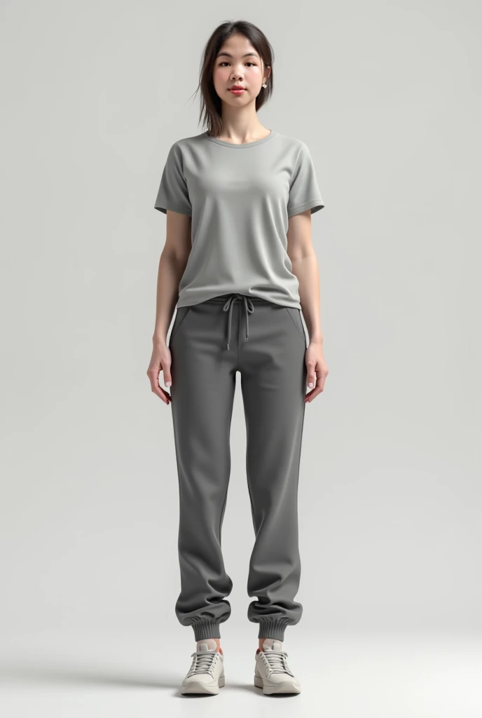 a standard female anatomical position (2 palms facing front) with shirt, sweatpants, and shoes on