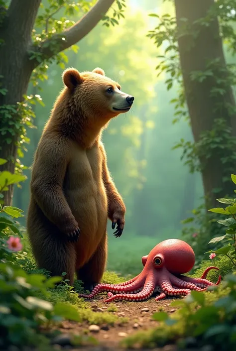 "A bear and an octopus standing side by side in a lush forest, surrounded by vibrant greenery. The bear, large and furry, looks curious, while the octopus is on the ground, its tentacles sprawling across the earth. The sunlight filters through the trees, c...