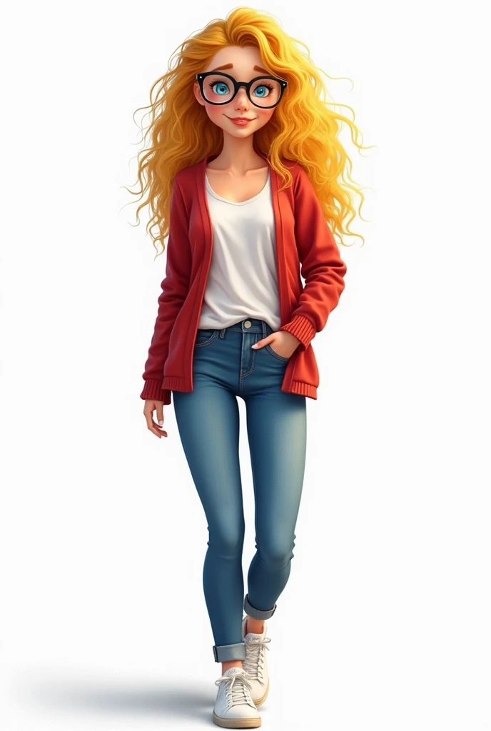  Now let's write a detailed prompt to visualize the character of Elif.  Let the order be  .  Yellow curly hair ,  A rimmed glasses , Get blue eyes .  Get a pair of jeans and white sneakers under a red cardigan ,  .  Write this in English prompt The backpla...