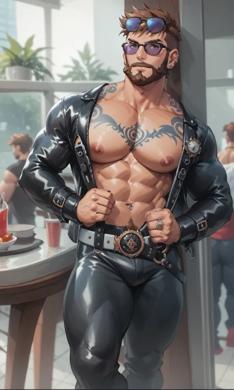 a bearded tattooed muscle man posing naked, nsfw, muscular man, perfect anatomy, balanced anatomy, hairy, big chest, bdsm costume, black leather kepi, sunglasses, big penis, black harness, handsome, lewd expression, muscular, short haircut, bearded, brown ...