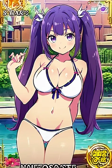 JK,( Masterpiece),( top quality),(ultra detailed),( highres),2D, anime, ( Anime art), lineart , watercolor,loli,(1 girl),smile,(purple hair),twintails, (mega breasts:1.6),(swim suit),(white bikini)