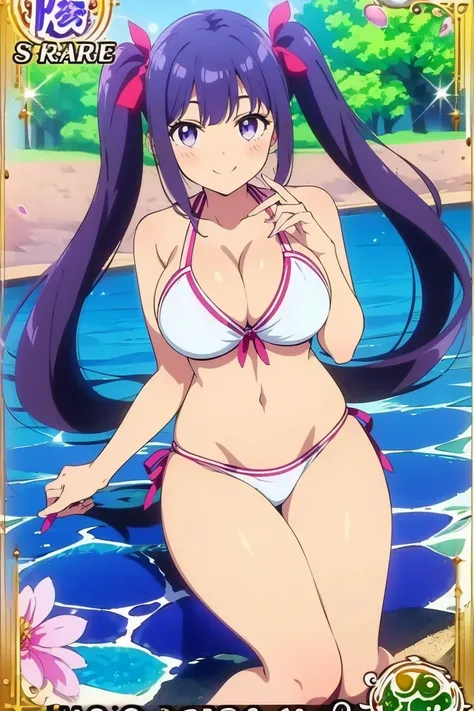 JK,( Masterpiece),( top quality),(ultra detailed),( highres),2D, anime, ( Anime art), lineart , watercolor,loli,(1 girl),smile,(purple hair),twintails, (mega breasts:1.6),(swim suit),(white bikini)