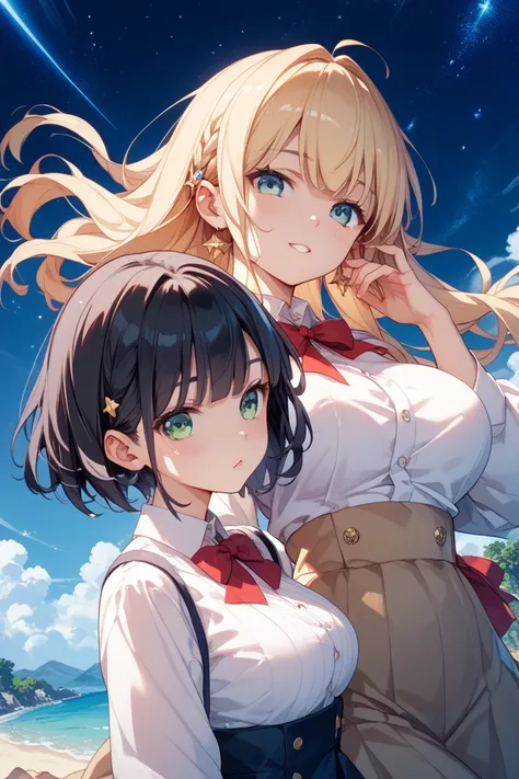 Two girls（ long hair、 blond hair、Big Breasts、 green eyes、Fleeting、ribbon（One pair left and right））、（ short hair、 black hair、 small tits、 blue eyes、Rin々Shii）、 Under the Starry Sky