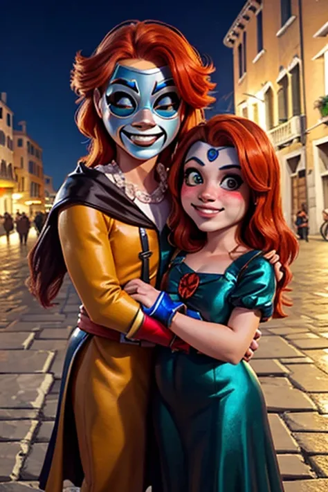 Venice Carnival .Chubby, freckled red-haired girls dressed in masks at a masked ball in St. Mark's Square in Venice 