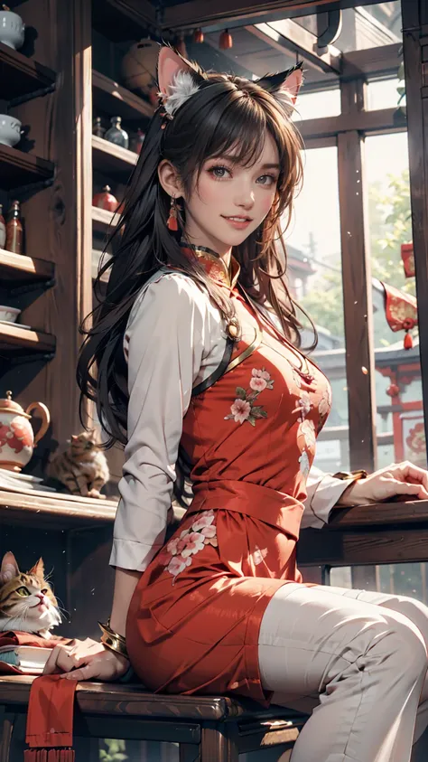 Chun-li's face, cat ears, sitting in red Chinese clothes and laughing