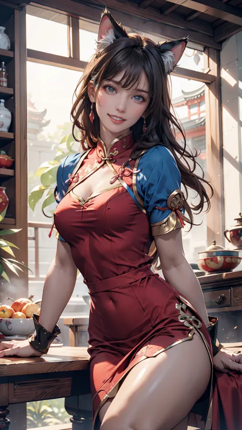 Chun-li's face, cat ears, sitting in red Chinese clothes and laughing