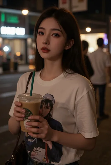 High Resolution,  1girl , Photo of a woman.I was drinking Starbucks. ,,shirt distro image of naruto holding iPhone cell phone, facial expression biting lip  , night weather 