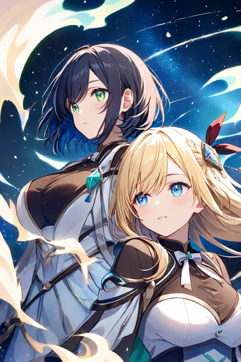 Two girls（ long hair、 blond hair、Big Breasts、 green eyes、Fleeting、ribbon（One pair left and right））、（ short hair、 black hair、 small tits、 blue eyes、Rin々Shii）、 Under the Starry Sky