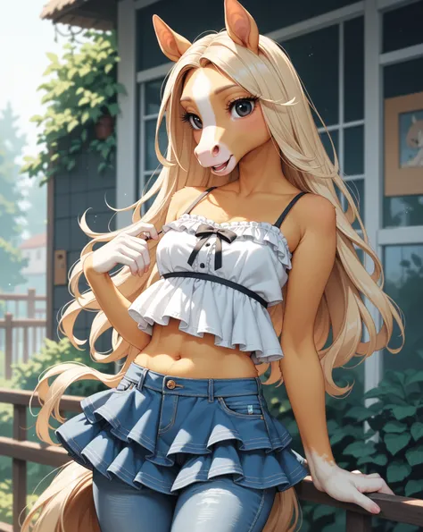 furry anime , female horse , long eyelashes, deep dark eyes, beautiful straight hair , kawaii , petit , Lolita , Jeans over mini skirt , camisole , frill