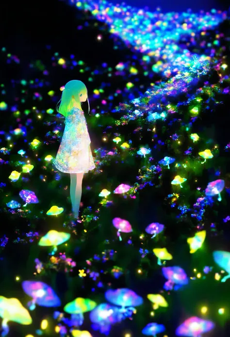 Alone, 1 girl\ glow fireflies fly gracefully in the dark, Luminescent fireflies floating in the air , 0 like a backlight__11Xx _illu, Multi-colored glow , three-dimensional glowing , Clear and attractive sharp glow,