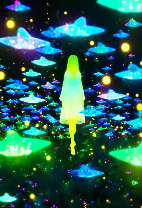 Alone, 1 girl\ glow fireflies fly gracefully in the dark, Luminescent fireflies floating in the air , 0 like a backlight__11Xx _illu, Multi-colored glow , three-dimensional glowing , Clear and attractive sharp glow,