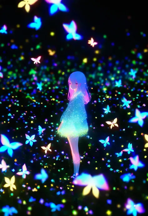 Alone, 1 girl\ glow fireflies fly gracefully in the dark, Luminescent fireflies floating in the air , 0 like a backlight__11Xx _illu, Multi-colored glow , three-dimensional glowing , clear and attractive sharp glow,