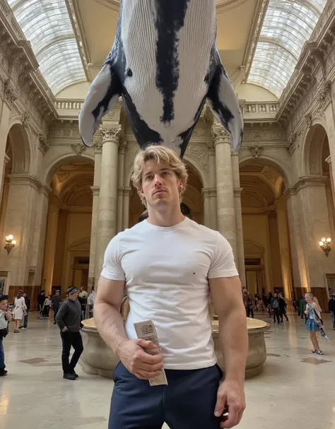 Masterpiece, Accurate, Award Winning, Best Quality, Extremely Detailed, 8K, HD, Super-Resolution, Cinematic Lighting, F/11 Depth Of Field, Photorealistic, Full Coloured, Shot on 70mm, 5D. A handsome, muscular Caucasian man with golden blonde hair stands in...