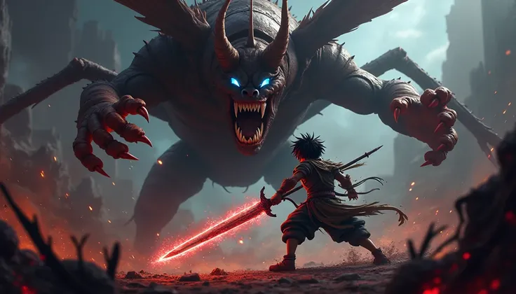 Blue glowing boy swordsman's eyes, cartoon style character, ish face, blood splatter, and rugged form of a boy、Fierce battle between insect-based monster and boy swordsman of darkness, (anime-style face, boy swordsman has rugged battle expression), ((open ...