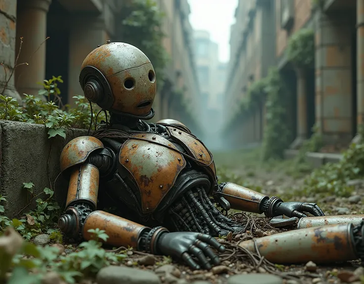  an ancient humanoid robot , Close view, photorealism, is lying on the ground among the ruins ,, its body and mechanisms are all rusty and damaged, bundles of wires and hoses stick out, is broken and abandoned , the ruins of buildings in the background , c...