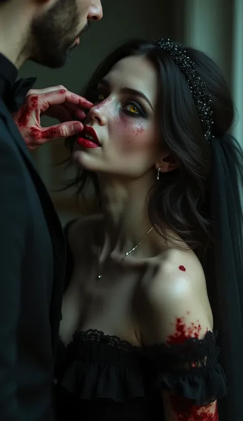 A beautiful young brunette woman seen in profile,  in a blood-stained black wedding dress. Yellow and bright eyes. Une main d'homme en sang lui caresse le visage.