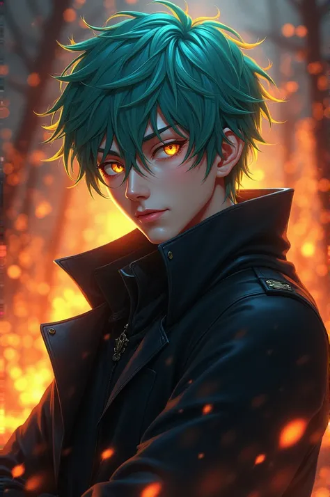 Create an image of a handsome anime male character with turquoise hairs and yellow eyes with black heavy coat and fiery background. 