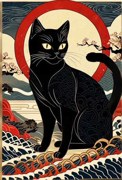  Ukiyo-e、Black Cat、 Geometric Model、god々Shii、 gold、Incredibly detailed, Strong posture , Traditional Japanese background,  spectacular illustration, Perfect image quality"