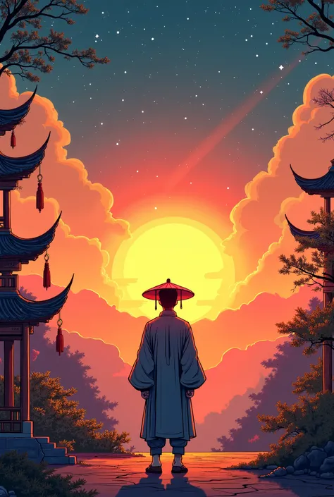 Year 1270 , china , Old Chinese Buildings, sunset, stars, scenic view, shooting star, forest, faceless brown young man in traditional chinese clothing with traditional hat standing on floor , comics book style 