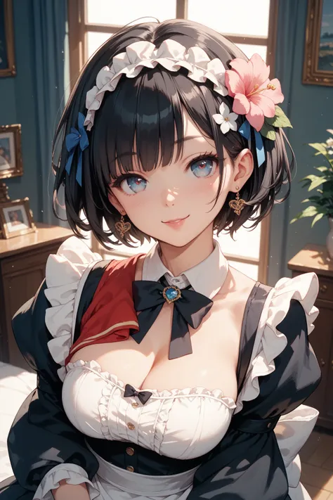 uncensored black hair short hair flower hair ornament pretty smile beautiful big boobs maid clothes kiss face front