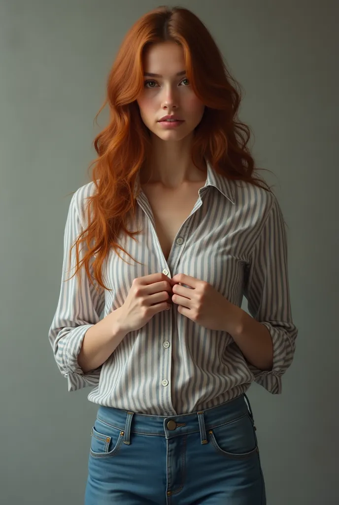 Create a full-length girl for me. She's wearing jeans and a striped shirt. her hands are holding one button in the chest area. The girl has long curly hair